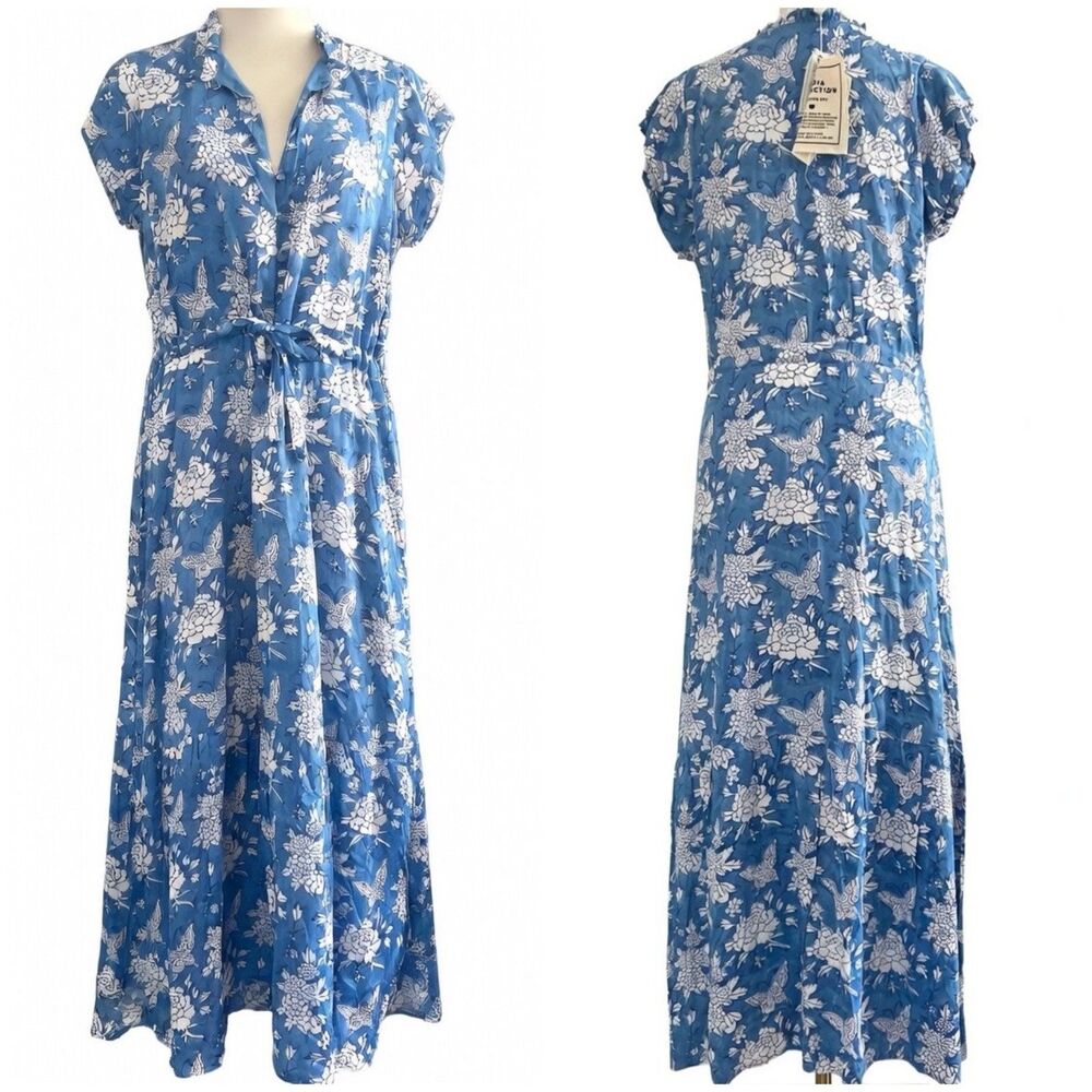 Blue Floral Button-Front Maxi Dress with Tie Waist
